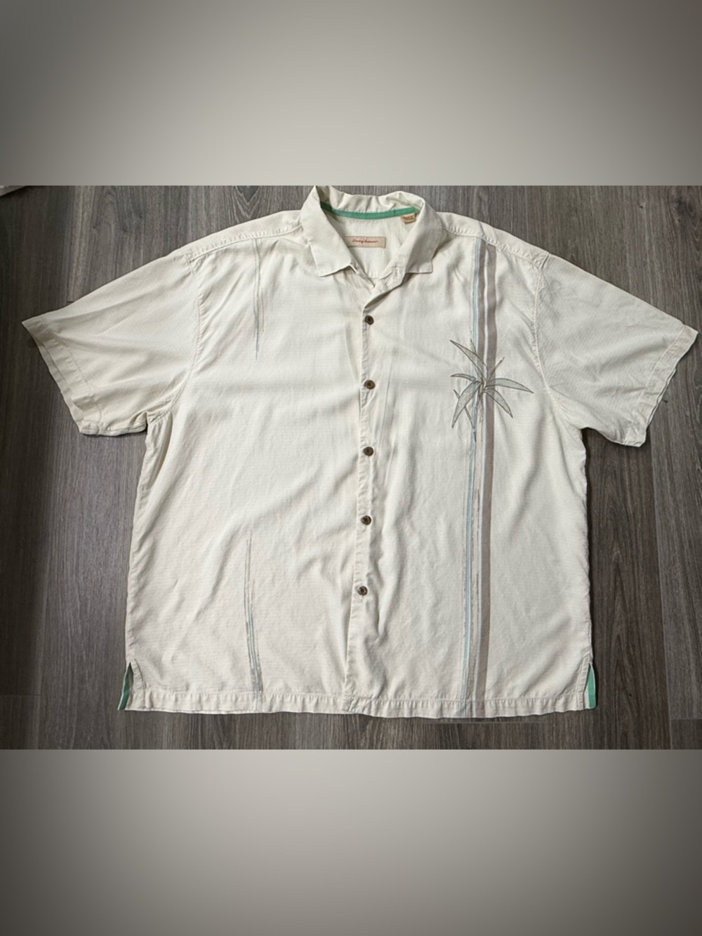 Tommy Bahama Off-White SS Button Up Shirt with Palm Stripe 100% Silk XXL Resort